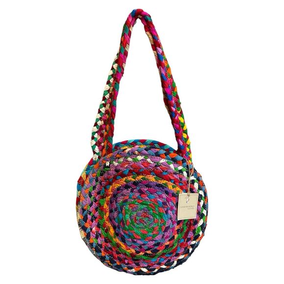 Chindi Boho Round Shoulder Bag Hand Braided Made in India Original Tags - Picture 1 of 9